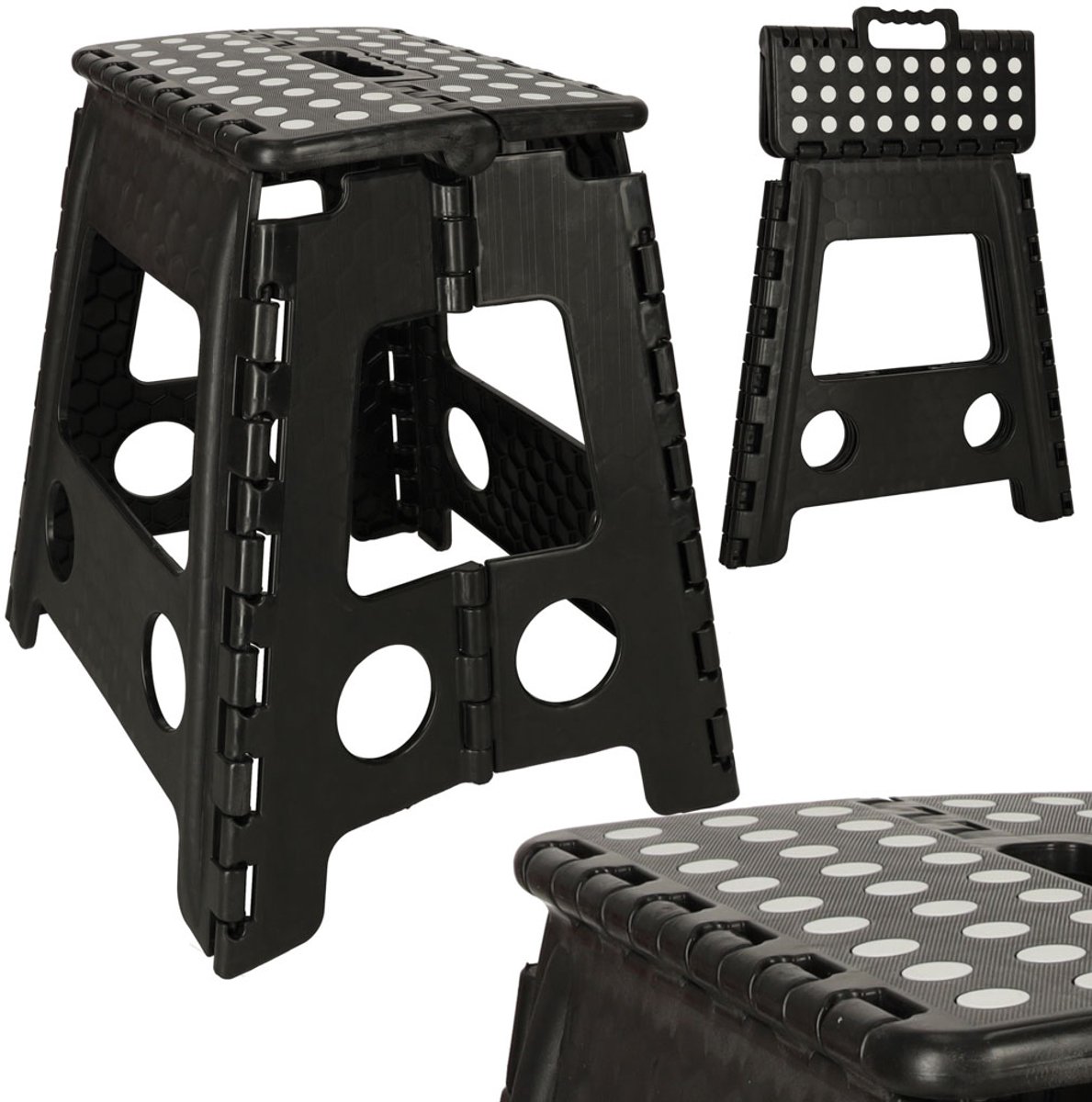 Inklapbare Opstapkruk met Antislip - 39,5 cm - Max 150 kg - Kunststof Vouwkruk met Handgreep - Ruimtebesparend Trapje voor Keuken Badkamer Werkplaats - Zwart