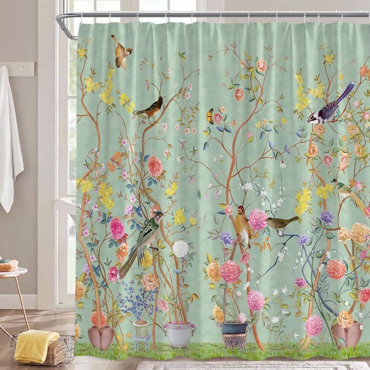 Douchegordijn 180x180cm, schimmelwerend, bloemenprint, waterdicht, machinewasbaar en sneldrogend, polyester, groene vogelprint, douchegordijn voor badkamers met 12 douchegordijnringen