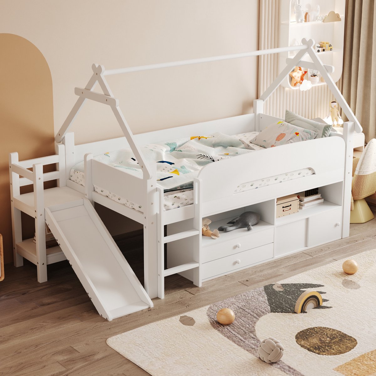 HAUSS SPOLE Halfhoogslaper 90x200 cm - Kinderbed Met Dakframe, Glijbaan, Lades En Opbergruimte - Massief Hout - Zonder Matras - Wit