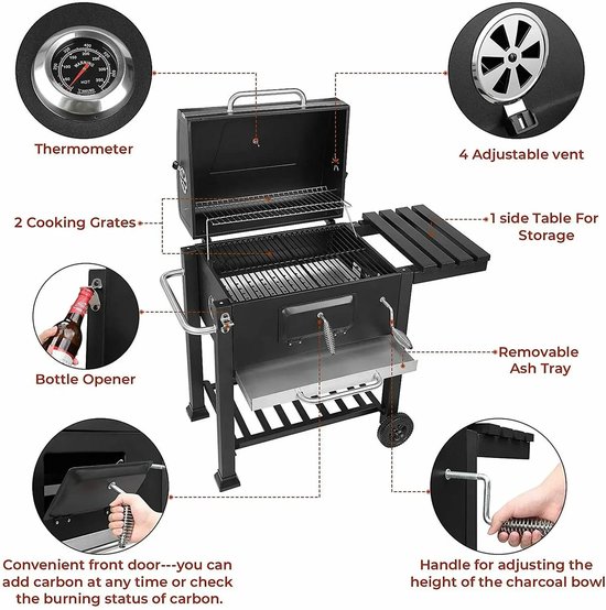 Barbeque - Houtskool BBQ Grill - Barbecuevat met Wielen - Voor Buiten - 113 x 53,5 x 100 cm - Rokers Barbeque van Merkloos — afbeelding 5