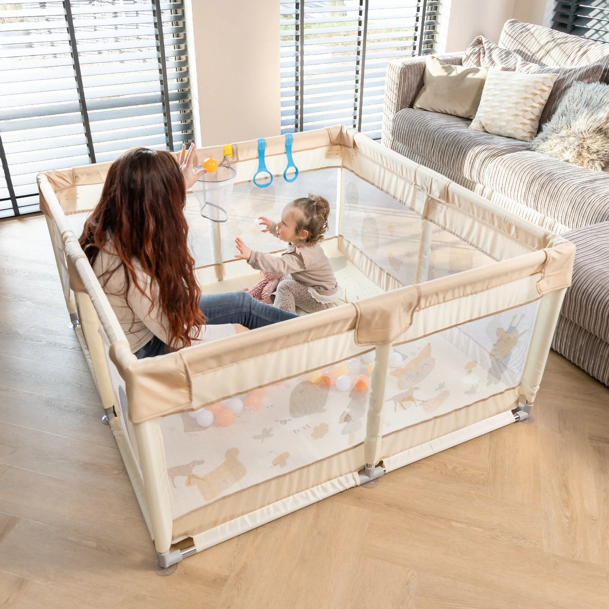 Grondbox Babybox 128x128 cm - Speelmat - Basket - 2 Optrekhandvatten – foto 5