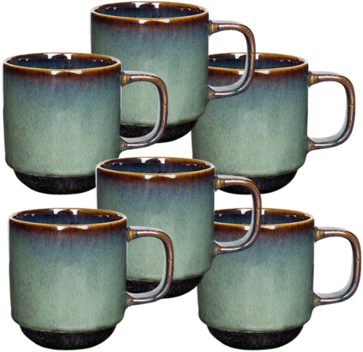 Jade Verde Beker - Koffiemok - Theekopje - Set van 6 - Rond Design - Aardewerk - 300ml - Donkergroen