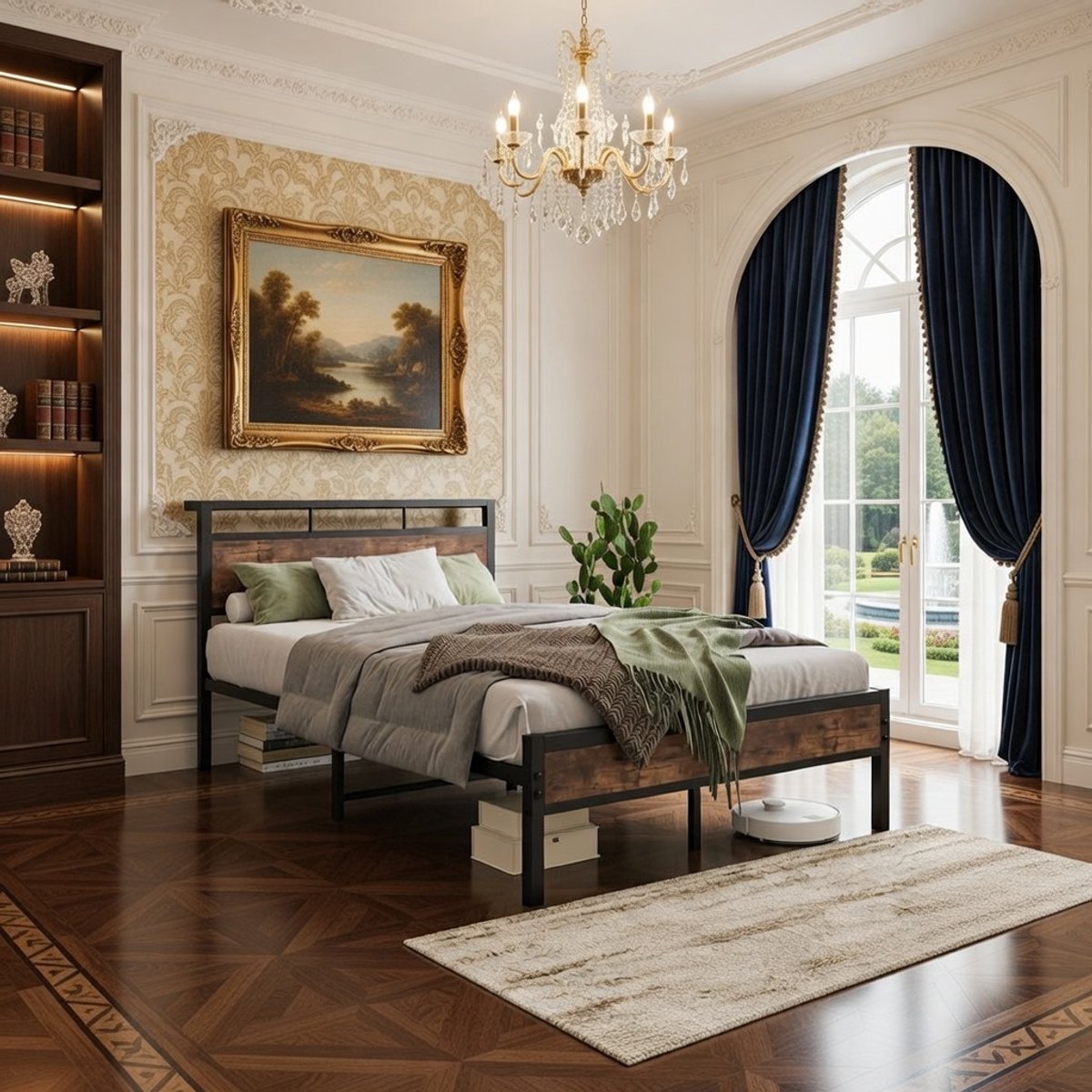 Modern Stalen Bed 120x200 cm met lattenbodem en Opbergmogelijkheden - Industrial Vintage Style, Stevig Dubbel- en Eenpersoonsbed, Hoofdsteun met Plankjes, Geschikt voor Slaapkamer en Gastenkamer, Zwart Casa Serena