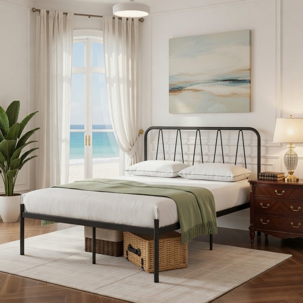 Elegant Metalen Bedframe 140x200 cm - Modern Bed met Lattenbodem, Golfpatroon Hoofdeinde, Zwart - Stabiel Logeerbed met Extra Opbergruimte Casa Serena