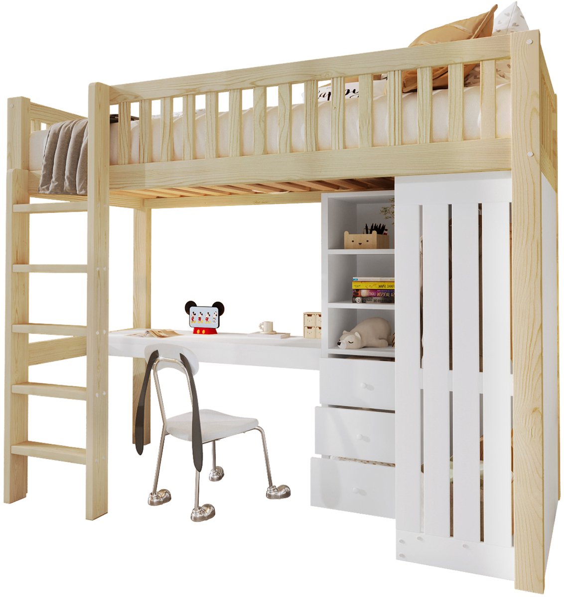 REDOM Hoogslaper – Met bureau & kledingkast – 3 laden & open opbergruimte – Met veiligheidshek & trap – Grenenhout & MDF – Naturel – 90 x 200 cm Natuurlijk