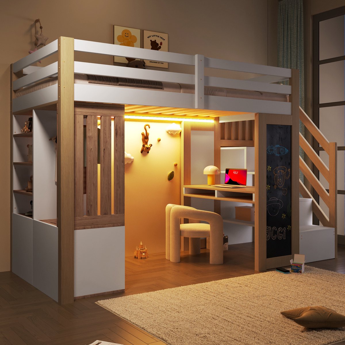 REDOM hoogslaper 90x200 cm – Massief hout + MDF wit/naturel – Bureau, planken, kledingkast, opbergladder, LED – 120 kg