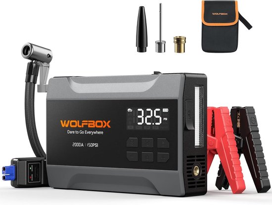 WOLFBOX 12V Jumpstarter met Compressor voor Auto - 2000A - Starthulp met Powerbank, LED Zaklamp en SOS Noodlicht - Startkabels met Accu - Startbooster