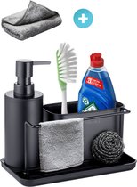 Rilenta® Organiseur de comptoir et de Cuisine avec porte-torchon et distributeur de savon - Chiffon de nettoyage inclus - Égouttoir - Support d'évier pratique pour torchons et Essuies de vaisselle - Organiseur de meuble d'évier - Zwart mat