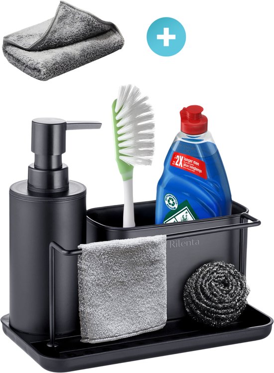 Rilenta Aanrecht Organiser RVS- Inclusief Doekje - Met Vaatdoekhouder & Zeepdispenser - Afdruiprek - Gootsteen Organiser - Keuken Organizer - Zwart
