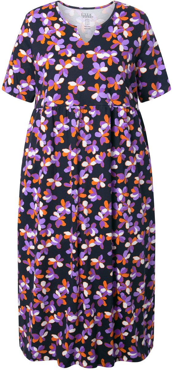 Ulla Popken Dames - Maxi-jurk A-lijn tuniekhals korte mouwen zakken - Zwart - Maat 54+