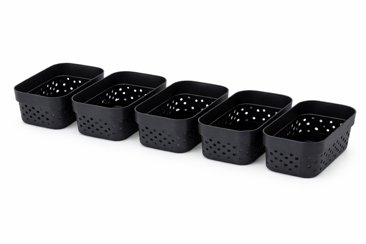 Set van 5 Zwarte Opbergmanden 1,4L – Gerecycled Kunststof – Geperforeerd Design – 13x17x8 cm