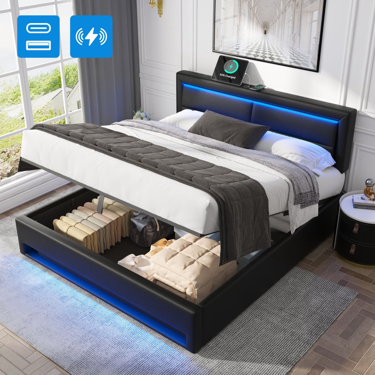 Gestoffeerd bed - 140x200 cm - LED en USB met Draadloos Opladen - Opbergruimte - PU - Zwart