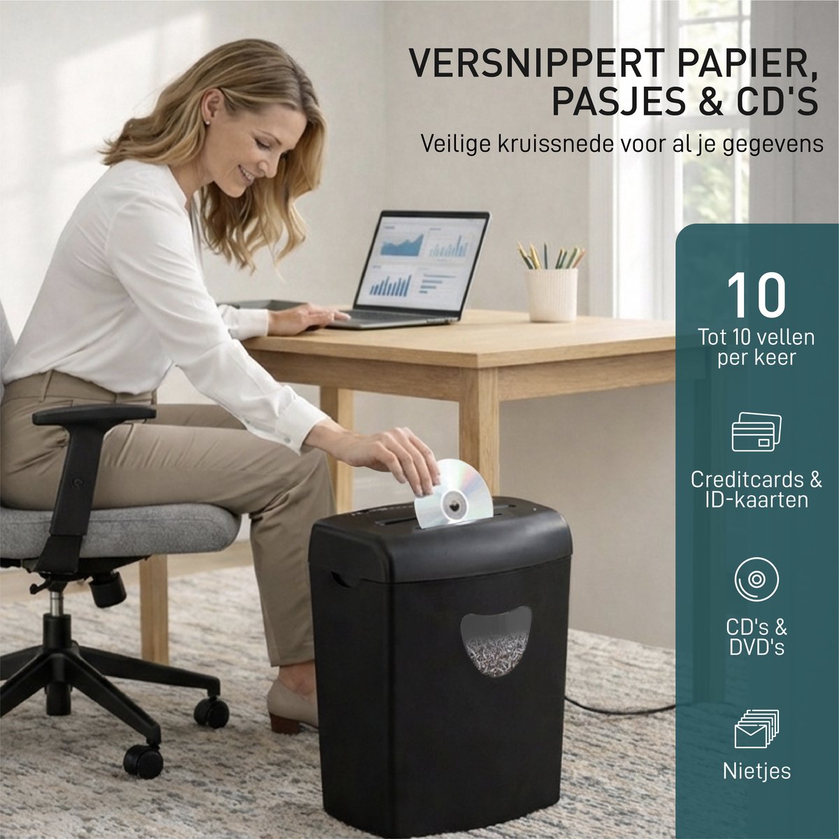 ADSafety Papierversnipperaar P4 Cross Cut - Papiervernietiger Voor Thuis & Kantoor - 21 Liter - 10 Vellen - Vernietigt ook CD's & Pasjes - Zwart thumbnail 2