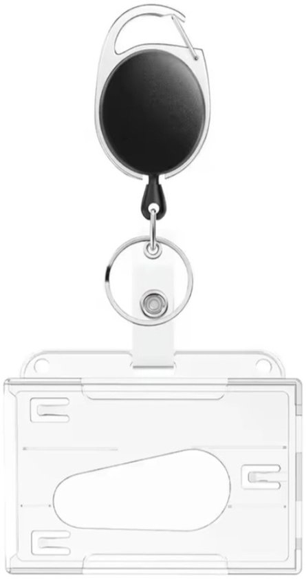 Transparante badgehouder met uittrekbare sleutelhanger en karabijnsluiting.