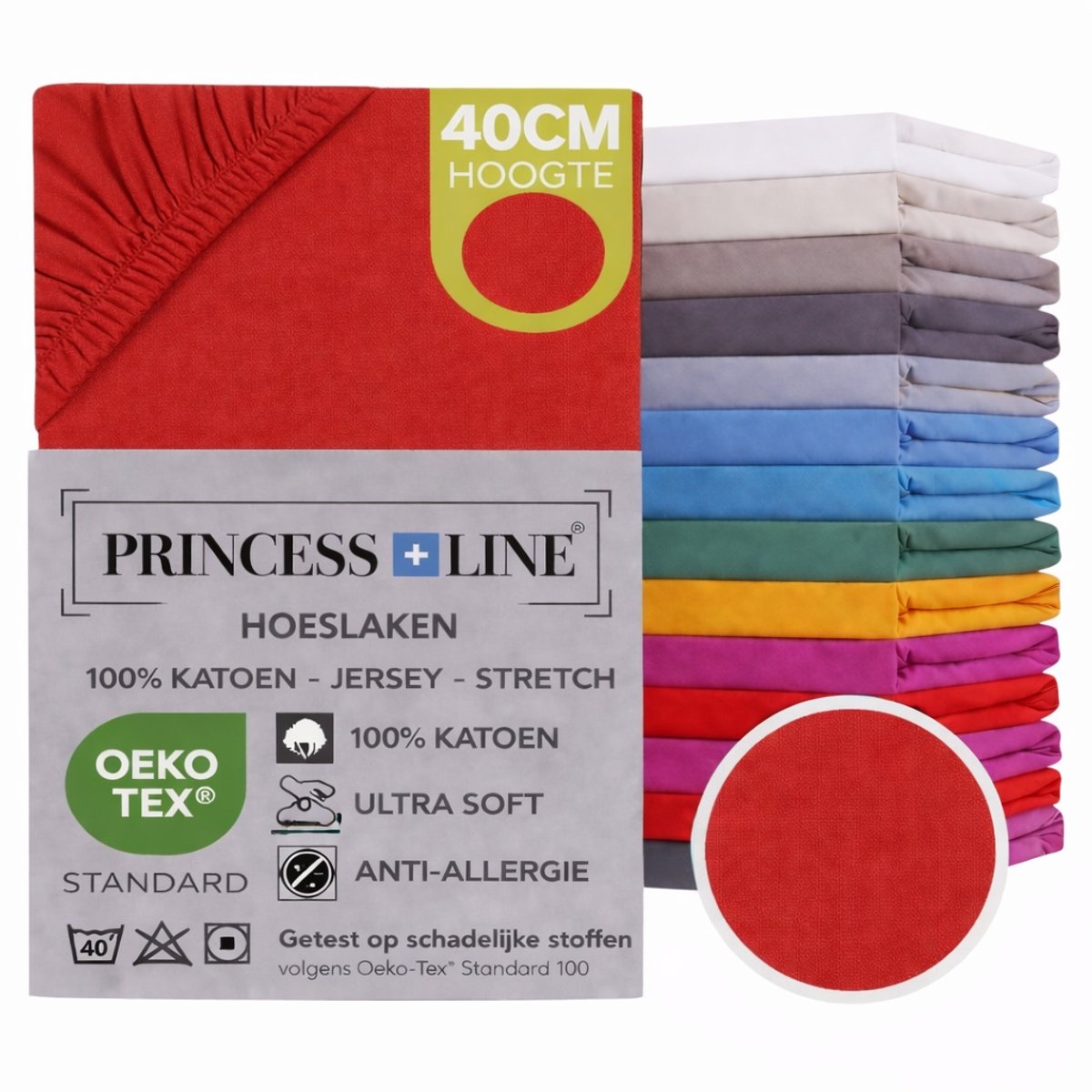 Princess Line- Comfortabel Ultra-Soft-Hoeslaken -100% katoen-Jersey -Stretch -Strijkvrij- Rondom elastiek-Hoekhoogte tot 40cm-Voor Boxspring-Waterbed-2Persoons-Lits-Jumeaux-200x220+40cm-Rood