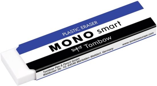 Witte plastic gum met blauwe en zwarte verpakking met "MONO smart", Tombow logo en website.