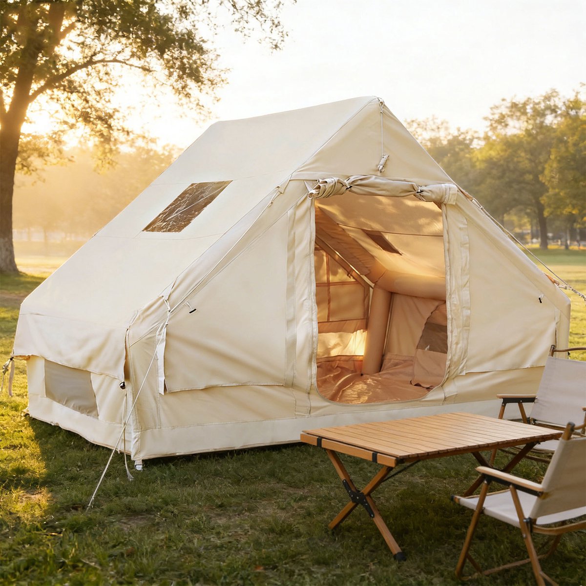 opblaasbare tent opblaasbare glamping tent Tot 4 personen Beige Waterdicht Camping, Tuin, Glamping 300x210x200cm – foto 8
