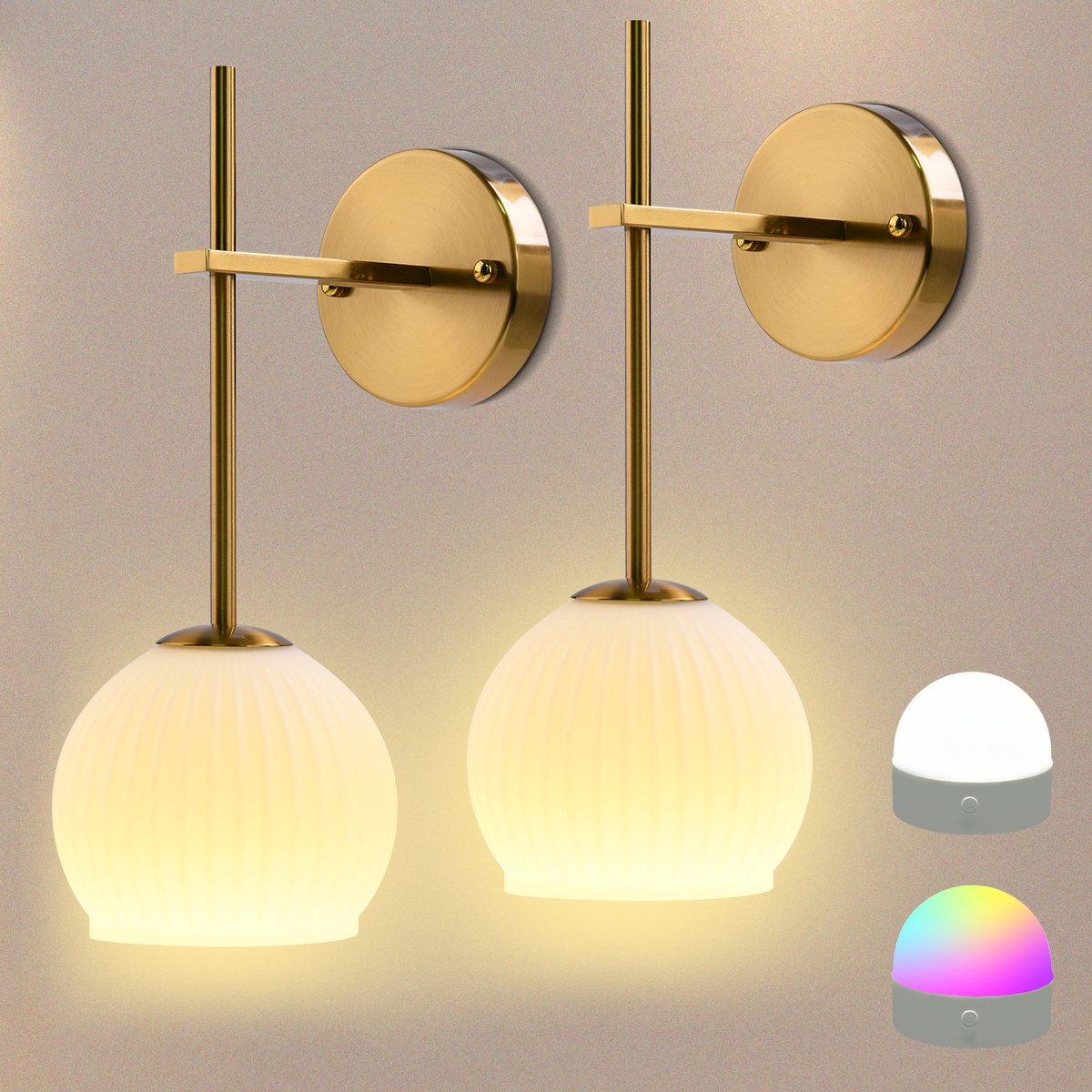 Rosnek Oplaadbare Wandlamp Binnen Goud - Draadloos - 12 RGB & 3CCT Dimbaar - met Melkwitte Matglazen Kap & Afstandsbediening & Timer - voor Slaapkamer - Woonkamer - Set van 2