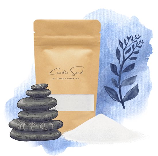 Een bruine zak met 'Candle Sand' erop, een stapel grijze stenen en een hoop wit zand.