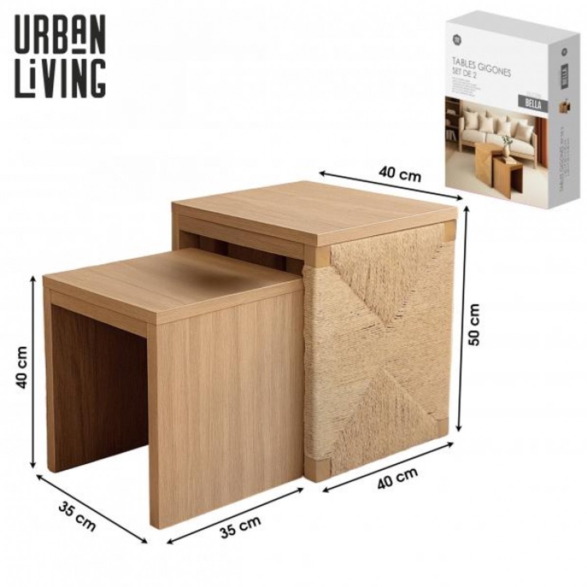 Urban Living "BELLA" SET VAN 2 NESTTAFELS MET TOUW, 35X35XH40CM EN 40X40XH50CM beige