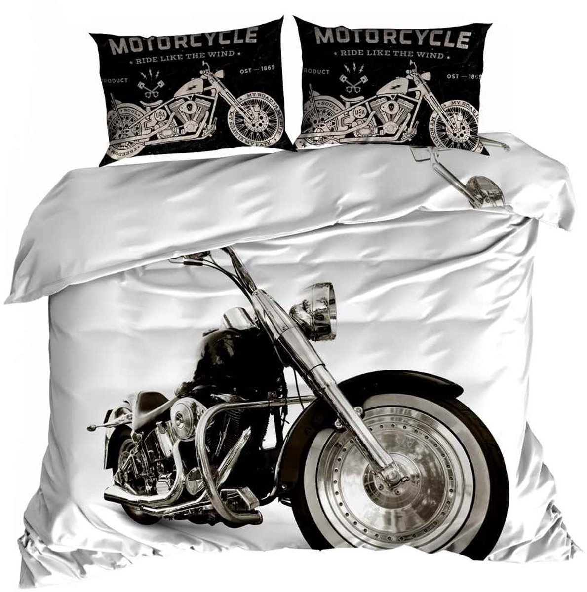 Luxe 3D Dekbedovertrekset - Katoen Satijn - 160x200 cm - Inclusief 2 Kussenslopen 70x80 cm - Design: Motor / Motorfiets - Racing Style - Stoer & Modern