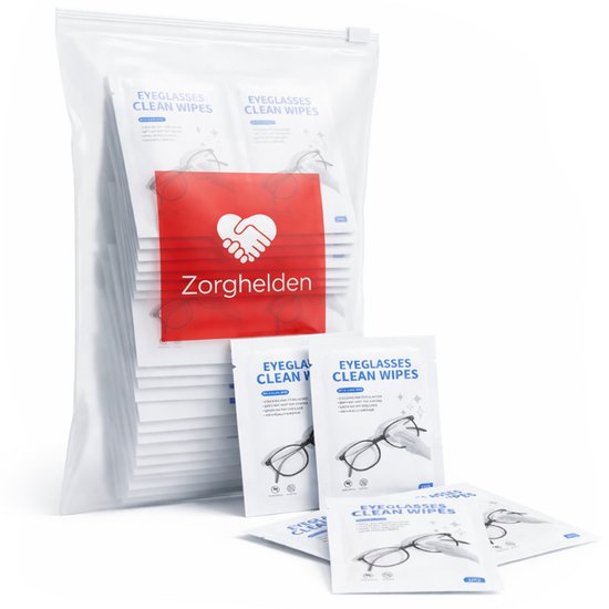 Grote verpakking met 100 individueel verpakte brillendoekjes met het Zorghelden logo.