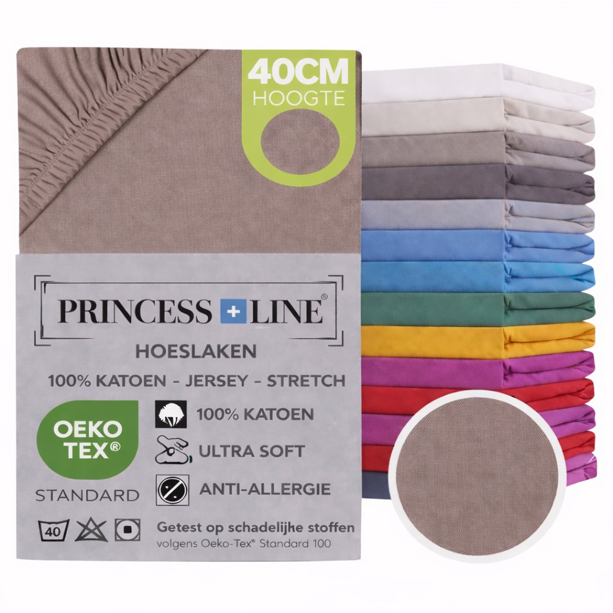 Princess Line- Comfortabel Ultra-Soft-Hoeslaken -100% katoen-Jersey -Stretch -Strijkvrij- Rondom elastiek-Hoekhoogte tot 40cm-Voor Boxspring-Waterbed-2Persoons- Lits-Jumeaux-180x220x40cm-Taupe