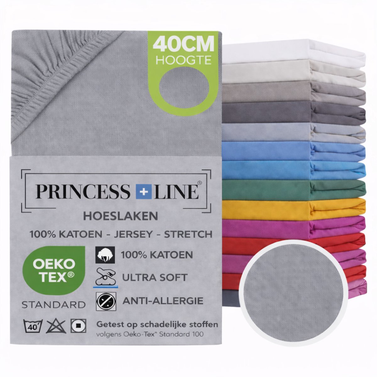 Princess Line- Comfortabel Ultra-Soft-Hoeslaken -100% katoen-Jersey -Stretch -Strijkvrij- Rondom elastiek-Hoekhoogte tot 40cm-Voor Boxspring-Waterbed-2Persoons-Lits-Jumeaux-190x200+40cm-Grijs