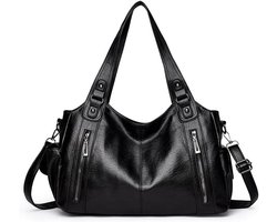 Handtas - Schoudertas Dames - Dames Handtas Vintage - Shopper Tas Groot - Schoudertas PU Leer - Tote Bag met Rits - Punk Stijl - School & Werk Tas - Zwart