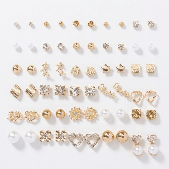 Set de 30 paires de boucles d'oreilles pour femme – Boucles d'oreilles à tige dorées avec Hartjes, étoiles, effet perle, texte et zircones, motifs Diverse