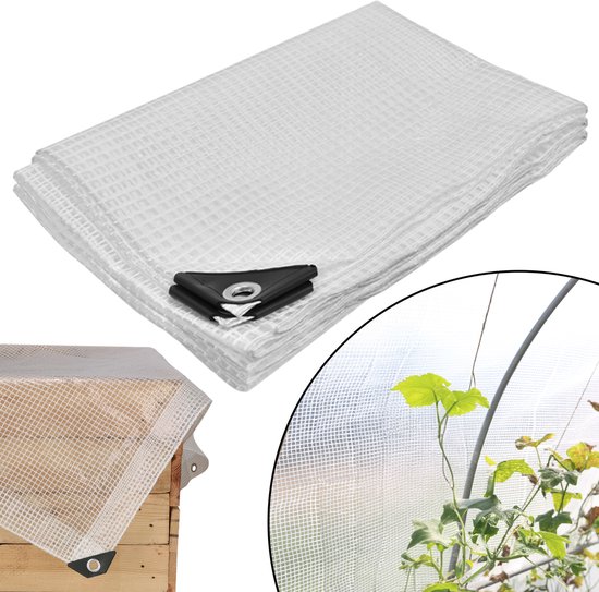 Gevouwen transparant KOTARBAU dekzeil met een rasterpatroon en versterkte hoeken met oogjes. Inset toont dekzeil over een houten kist en in een kas.