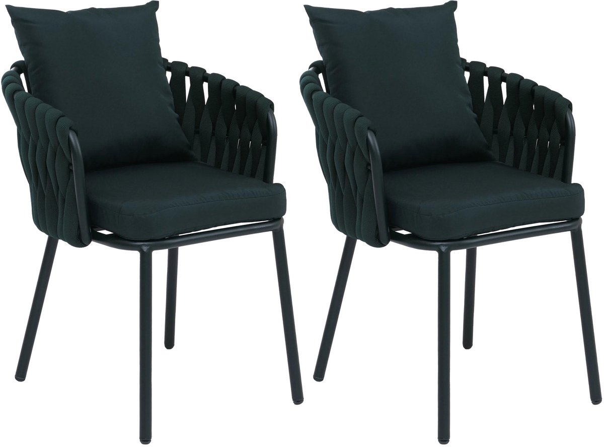MCW Set van 2 aluminium eetkamerstoelen MCW-P89, binnenstoel met armleuningen, stof/textiel (180 g/m²) touwvlechtwerk ~ groen