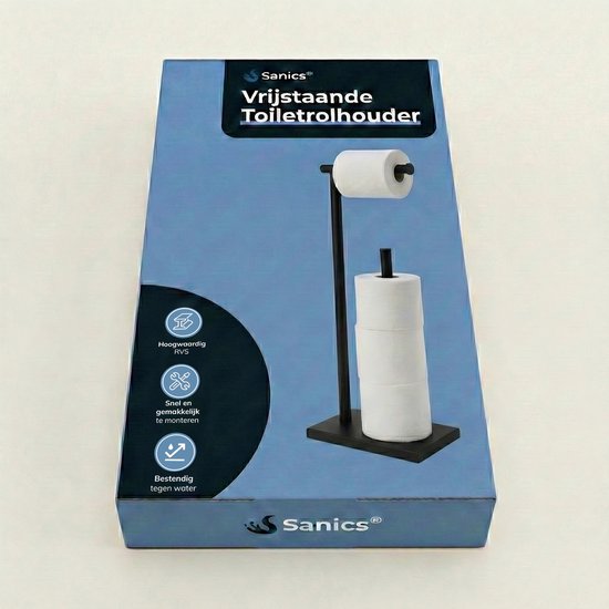Doos van de Sanics vrijstaande toiletrolhouder met een reserve rolhouder. Zwart, hoogwaardig RVS, waterbestendig.