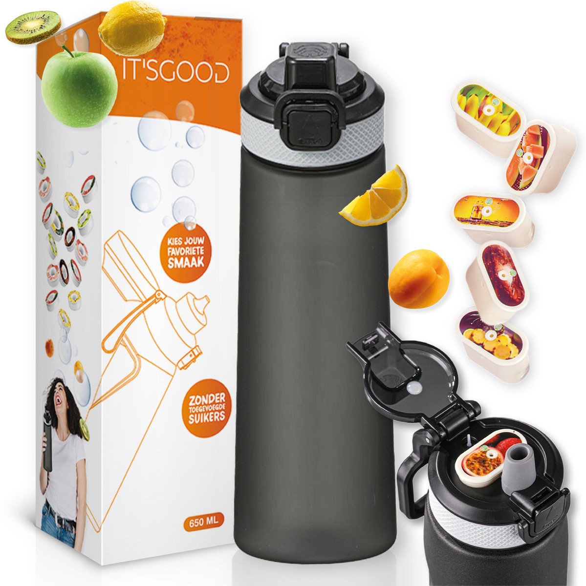 It'sgood - Geurwater Drinkfles - ZWART 2025 - Waterfles - Fruit Flavors – Drink Up & Breathe the Air of Taste - Geurwater Drinkfles - Inclusief 5 Pods - 650 ml - Tritan - BPA-vrij - Starterskit - Start Up Set - Starterset - Aromacapsules 0 suiker