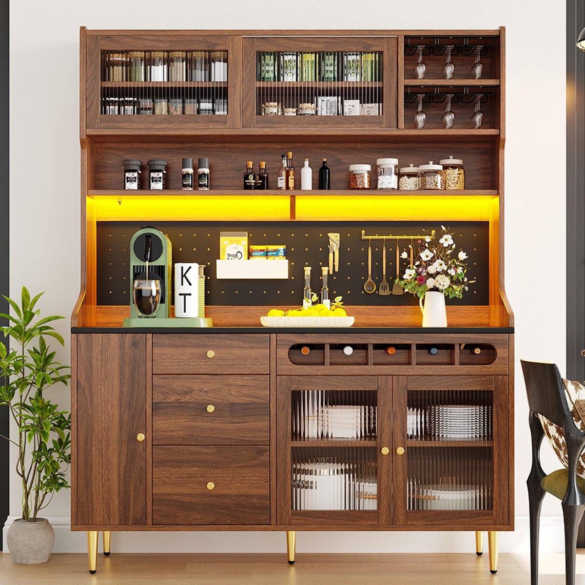 BLACKCOLORS Hoge kasten voor woonkamer, keukenkasten, eetkamerkasten, woonkamerkasten met verstelbare planken, kasten met ledverlichting, lade met flessenrek, 145 × 39 × 171 cm, kleur notenhout
