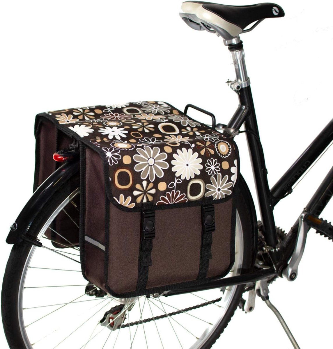 Aura® Fietstassen met Bloemen - Voor Achterfietsdragers - Fietstassen Dubbel Waterdicht – Fietstas Dubbel – Praktisch – Met Reflecterende Banden – Inclusief Verstevigingsplaat - Bruin - 32cm x 32cm x 32cm