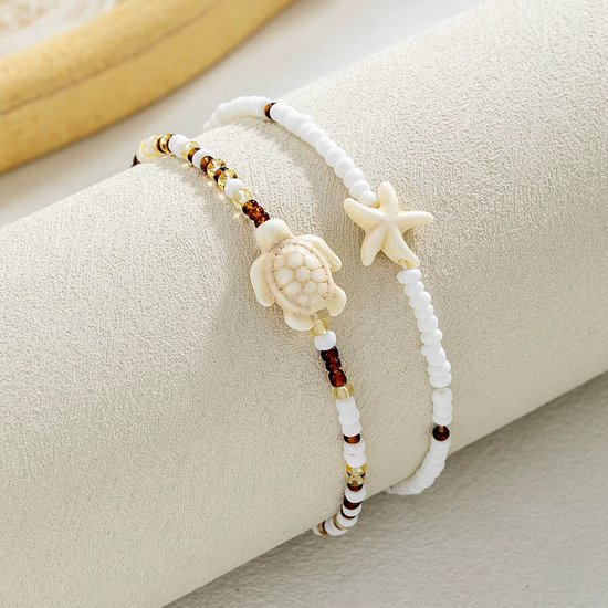 Bohemian Enkelketting voor Dames - Turquoise Zeester en Schildpad met Kralen, Dubbel Laag, Strand en Zomer Sieraden van Gohyuga — afbeelding 2