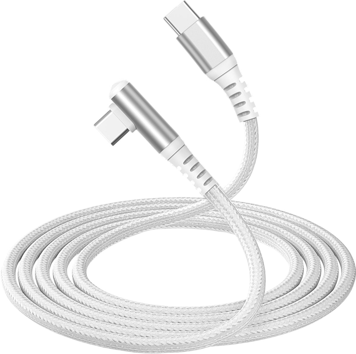 Force Case, USB-C naar USB-C Kabel 3A PD 60W 90° Gebogen Ontwerp Gevlochten Nylon 2m, Wit