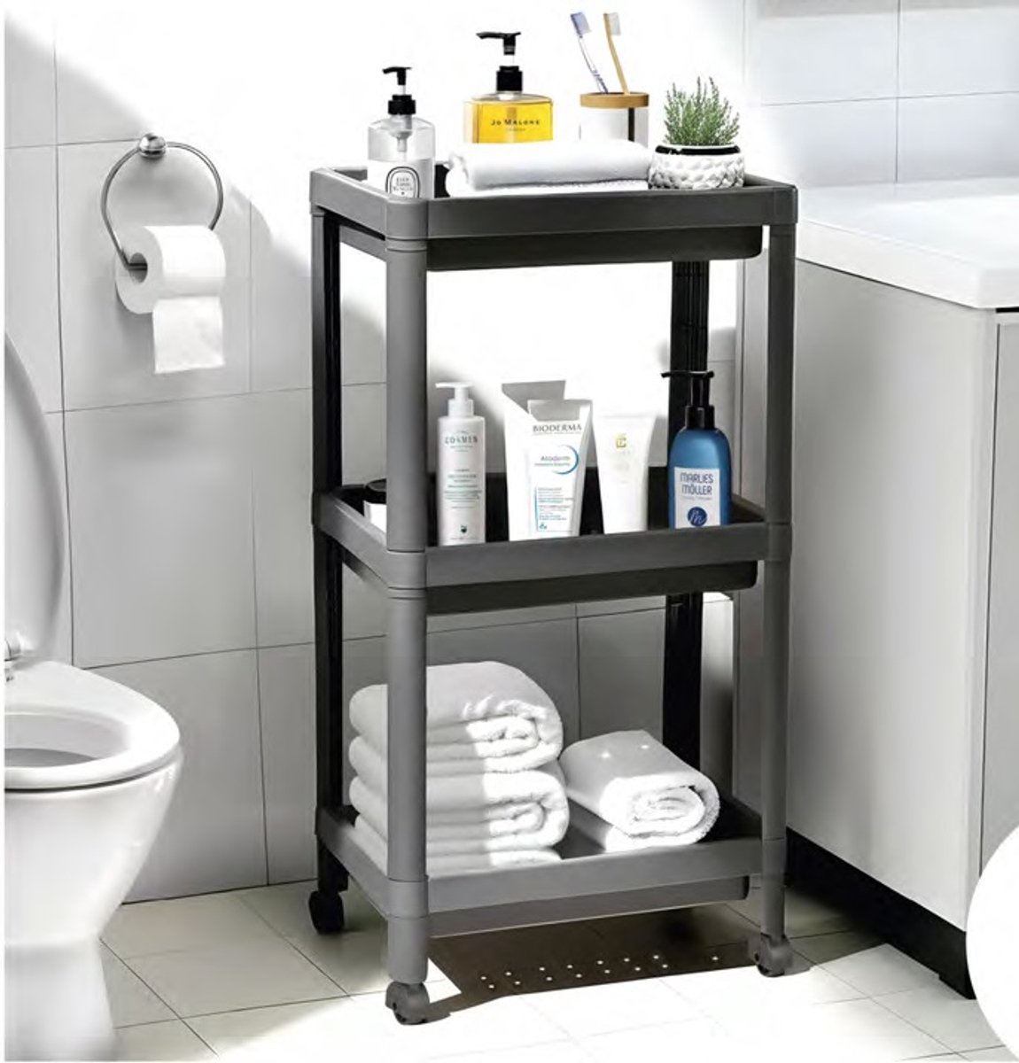 Keuken trolley op wieltjes - 3 laags - Keukenrek - Serveerwagen - Kastje - Rekje - Opberg - Douche wagen - kastje- Antraciet - 73 x 54 x 35 cm