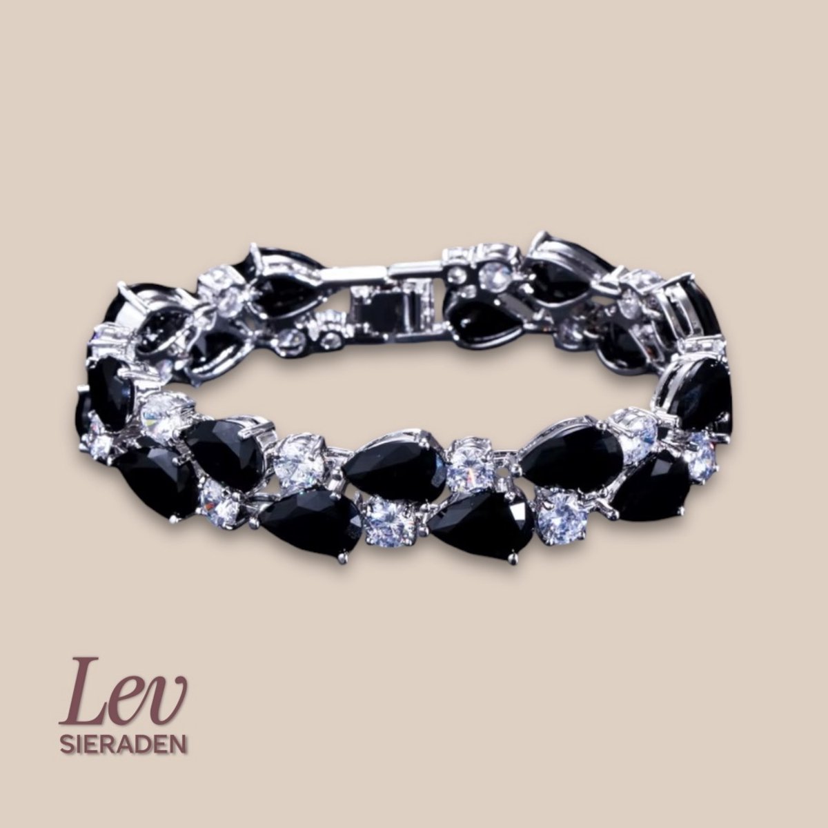 Lev Sieraden - Zilver plated Tennisarmband met Zirkonia zwart en wit - Messing - 18.2cm - Pear cut