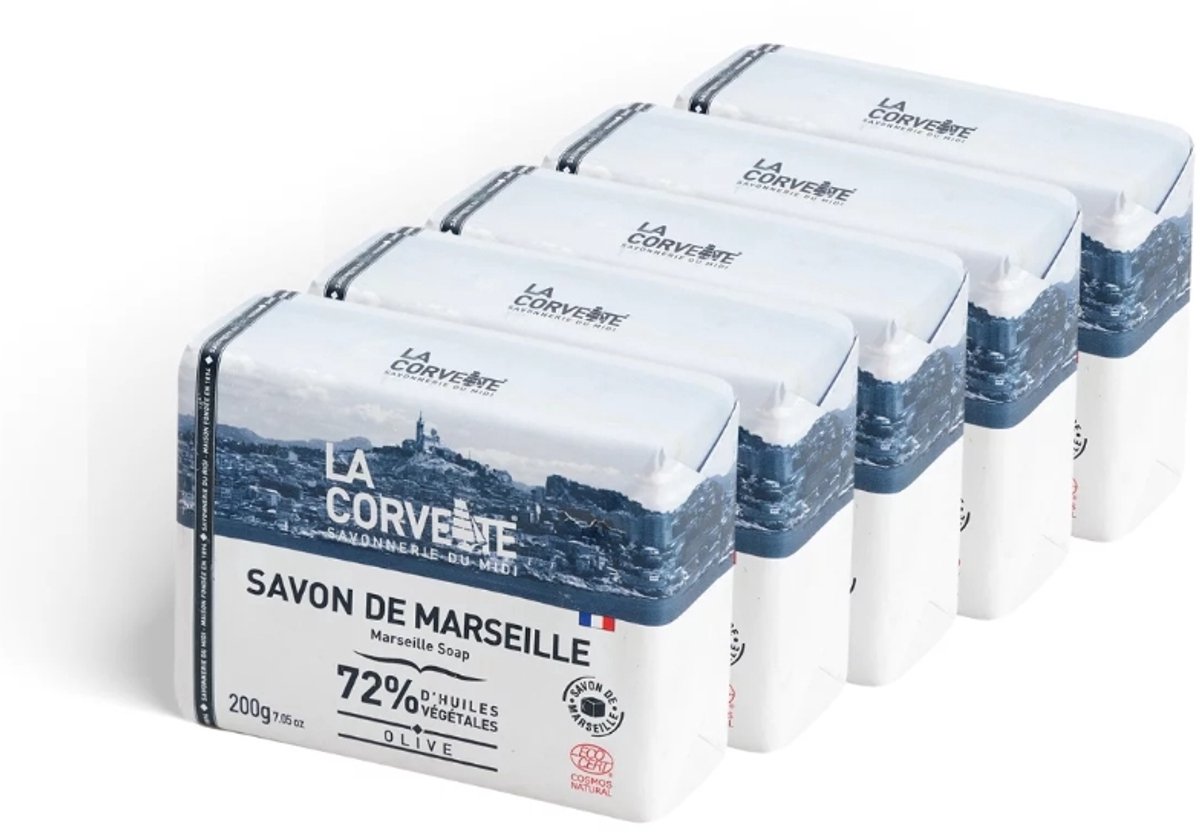 Marseille zeep - 5 x 200 gram - Savon de Marseille - Pure olijfzeep - 100% Natuurlijk - pH neutraal - parfumvrij