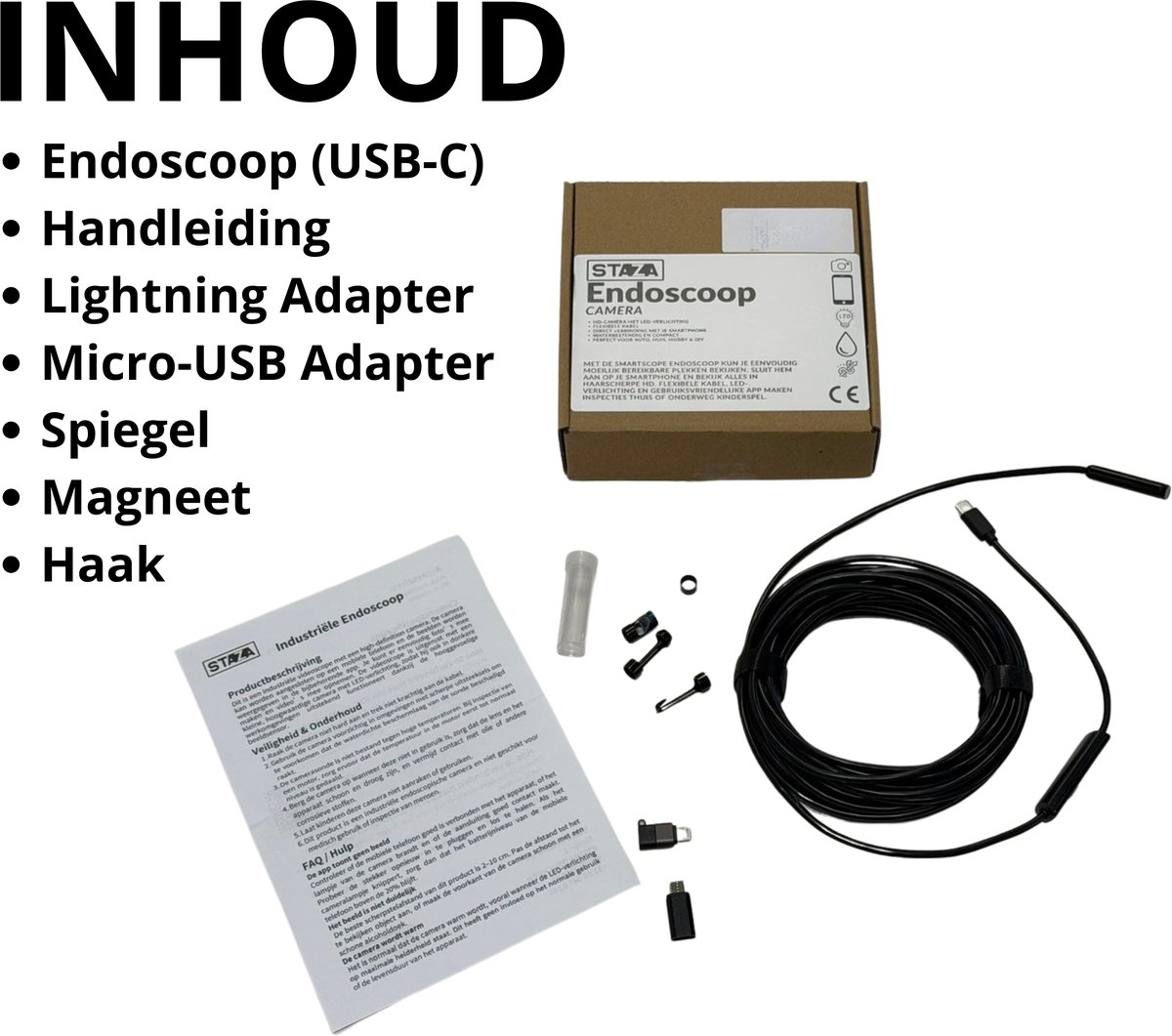 Endoscoopcamera met USB- en USB-C-adapter, IP67 waterdichte inspectiecamera met instelbare ledlampen, voor Android-telefoons en computers