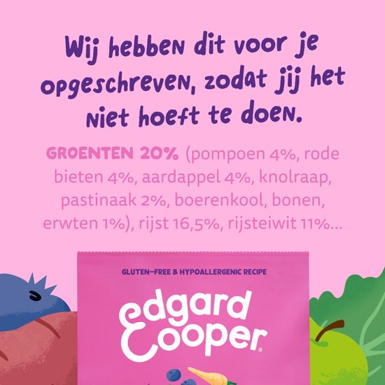 Roze zak Edgard & Cooper hondenvoer met illustraties van groenten en de tekst "GROENTEN 20%".