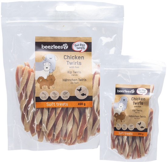 Twee zakken Beeztees Kip Twirls met Vis, een grote van 400 gram en een kleinere van 200 gram.