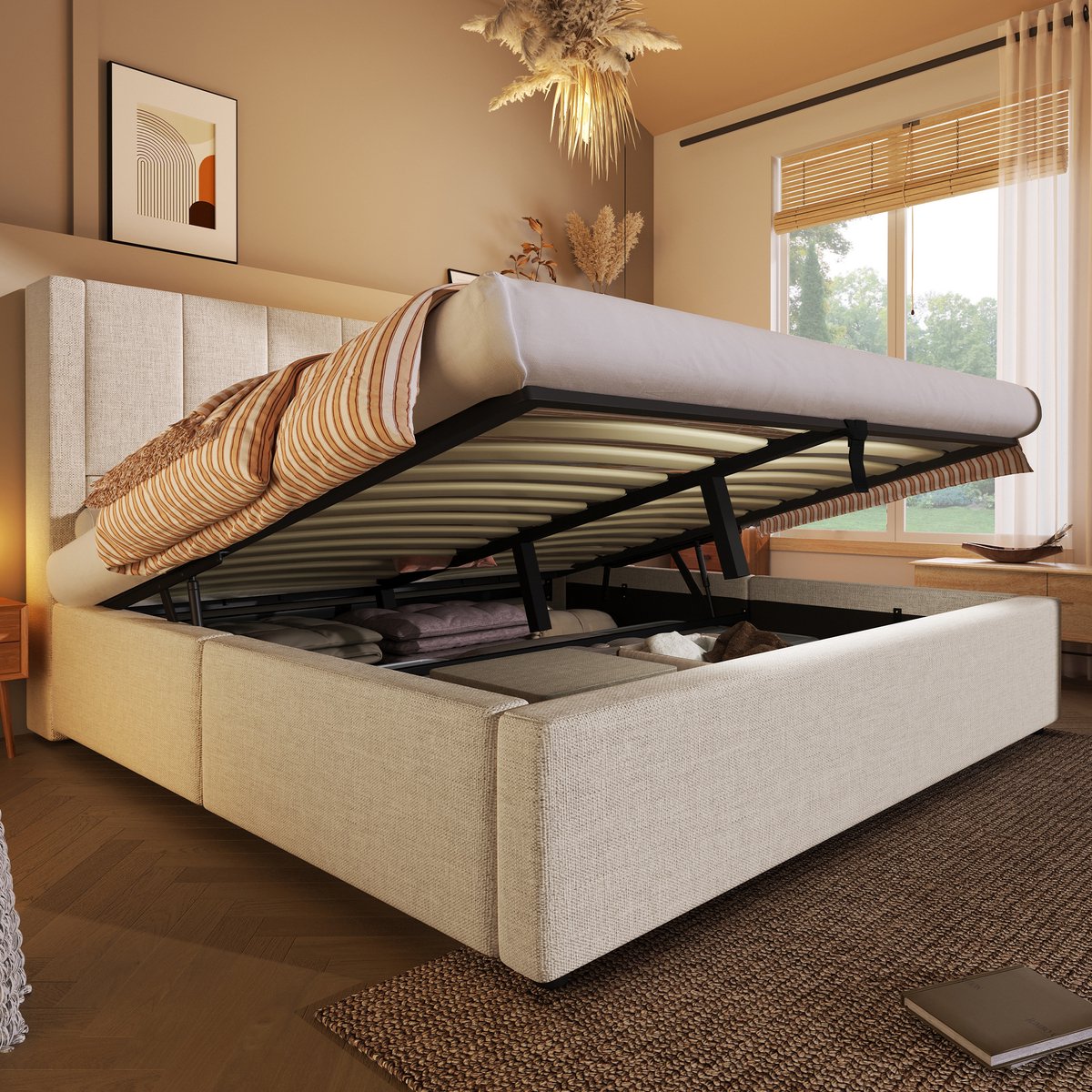 Wishdor Gestoffeerd Bed 180x200 cm – Hydraulische Opbergruimte – Hoofdbord met Bekerhouders en Oplaadstation – Linnen – Beige