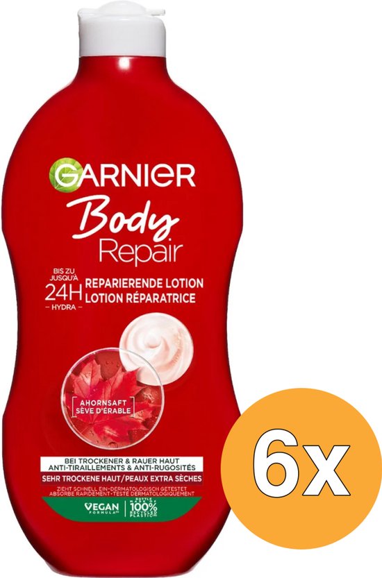 Garnier Body Repair lotion in rode fles, 6x400ml. Met "24H HYDRA" en "VEGAN 100% VEGETAL".