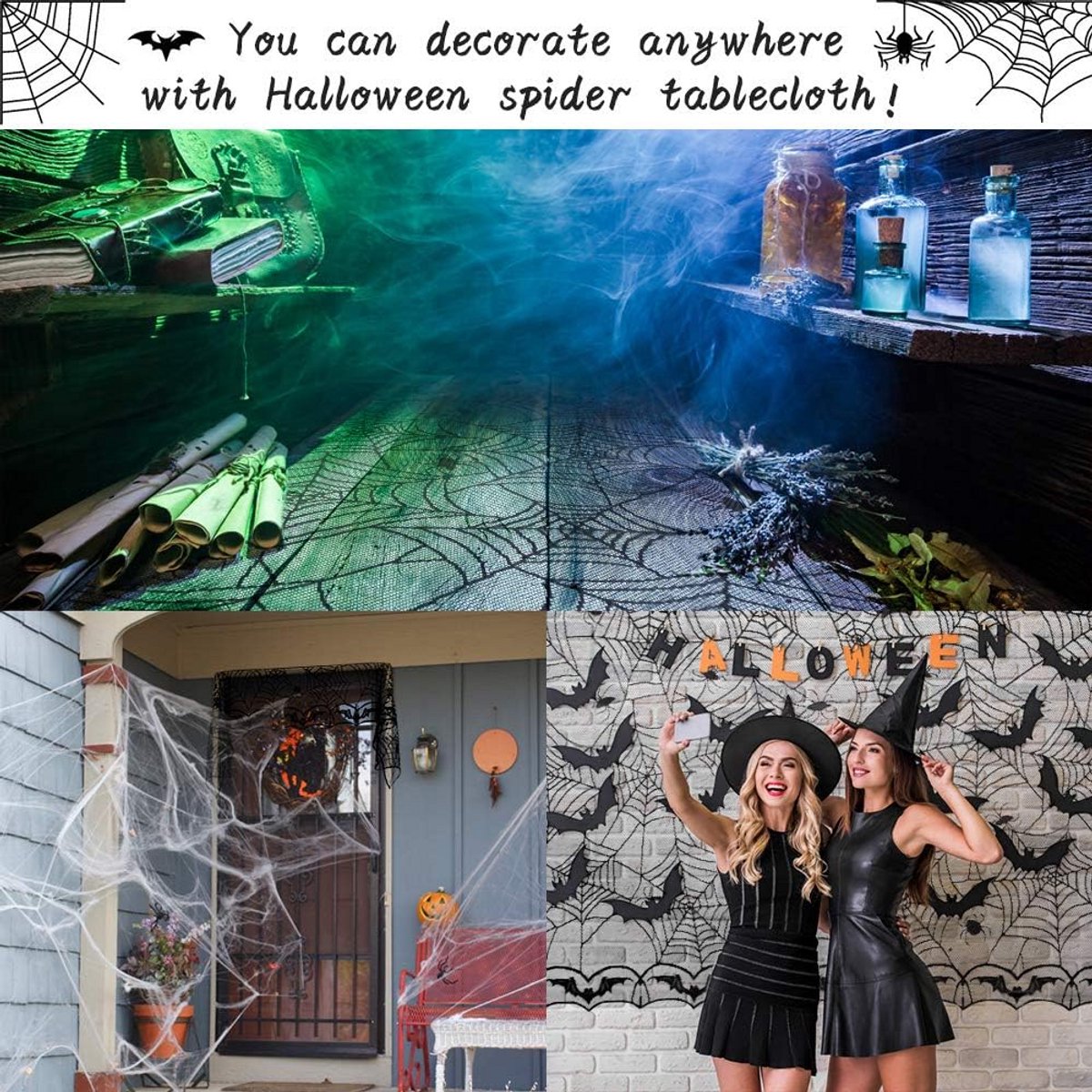 Vierkante Halloween Tafelkleed Decoratie met Spinnenweb en Vleermuizen