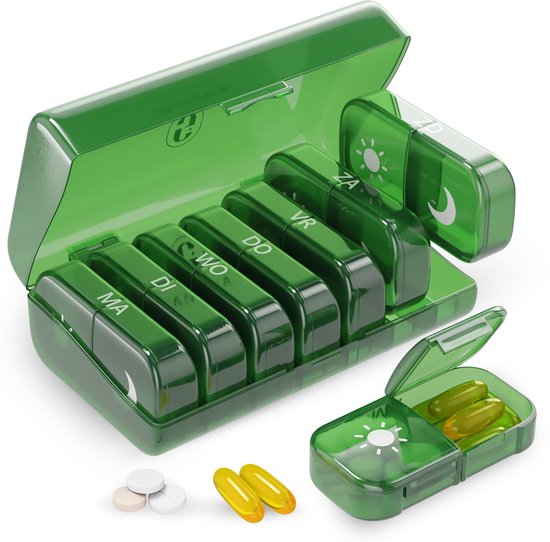 Boîte à Pillules Gandria 7 Jours - Compartiments Amovibles - Boîte à Médicaments avec 14 Compartiments - Boîte à Médicaments avec Fermeture Solide - 2 Compartiments par Jour - Vert