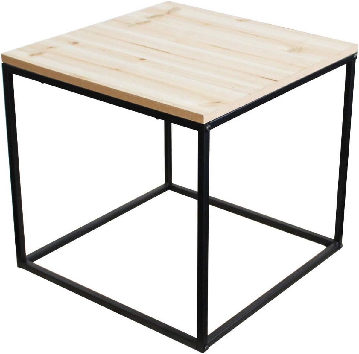 Ronde bijzettafel met metalen frame en houten blad