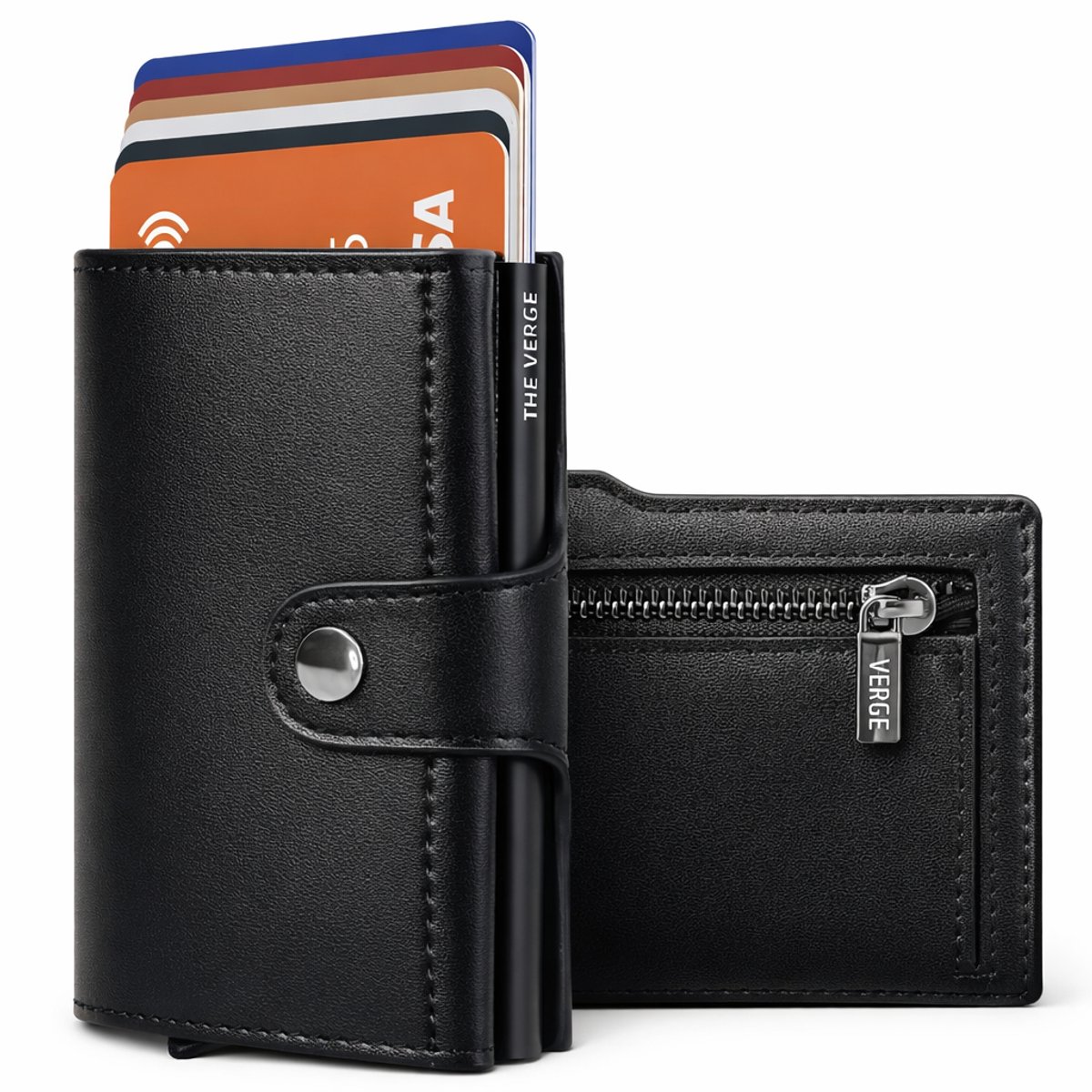 The Verge® Deluxe - Pasjeshouder Uitschuifbaar Met Rits- Kaarthouder - Pasjeshouder Mannen & Vrouwen - RFID Creditcardhouder - Pashouder - 11 pasjes - Zwart Leer Met Rits - Incl. Luxe Cadeauverpakking